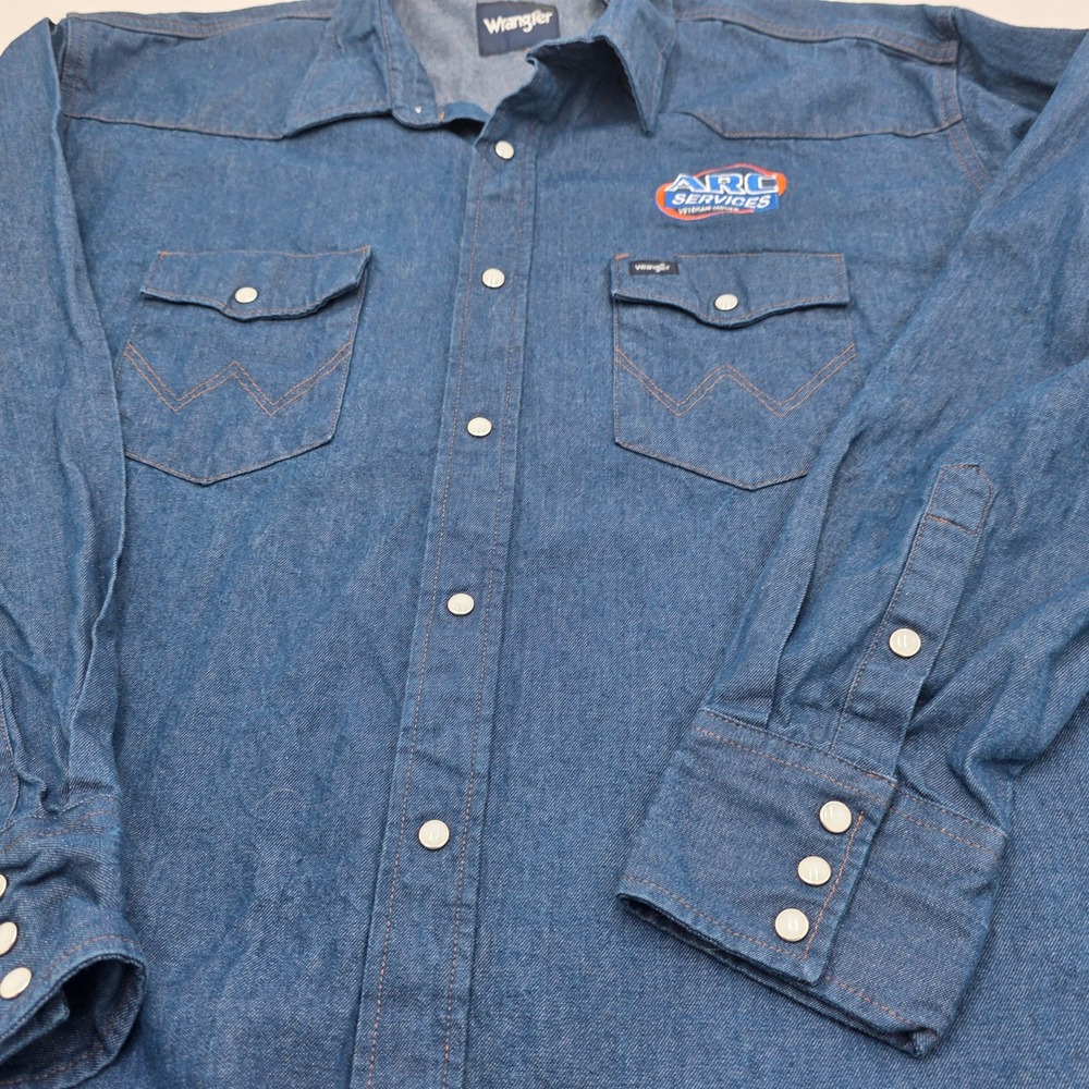 Wrangler Mens Blue Denim Western Snap Shirt 3XL Big ARC Services Logo Workwear - Picture 2 of 4